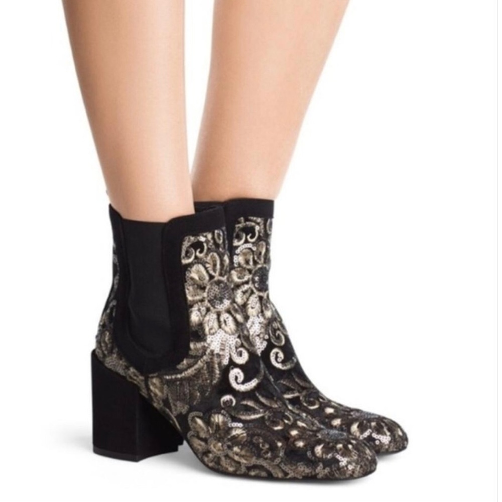 Stuart Weitzman Black Mediate Sequin Gold Booties - image 2